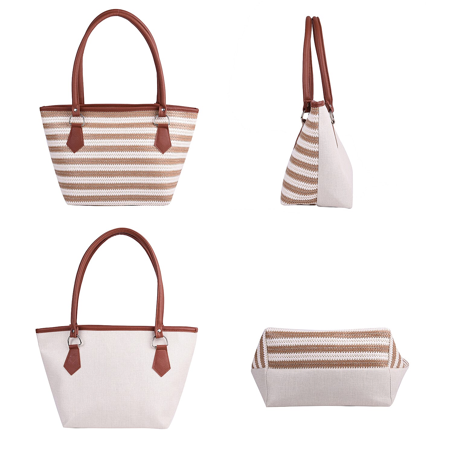 Light Brown and Cream Vertical Stripe Pattern Tote Bag (Size 42x16x25cm)