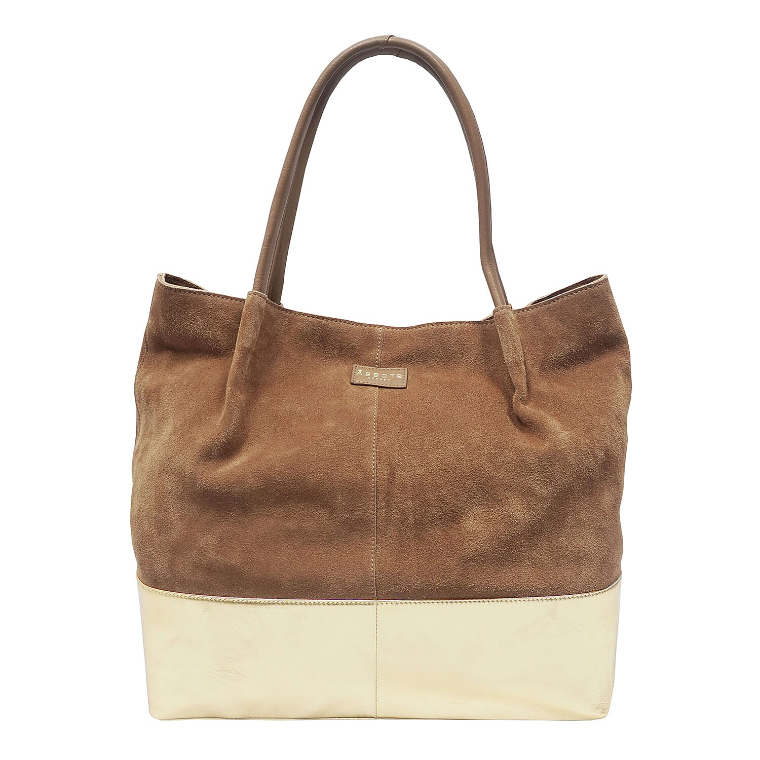 ASSOTS LONDON Donna Genuine Suede Leather Slouchy Metallic Shopper (Size 38x38x13cm) - Tan & Yellow Gold