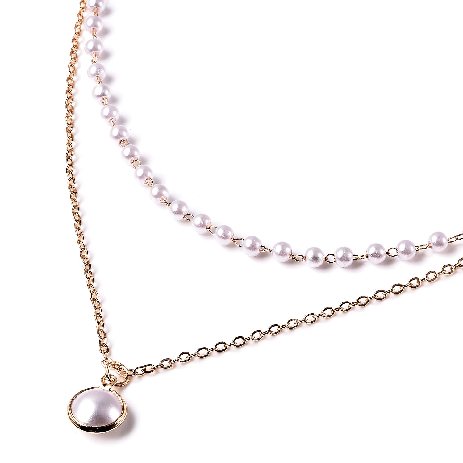 Simulated Pearl Double Layer Necklace (Size 16 with 4 inch Extender) in Gold Tone