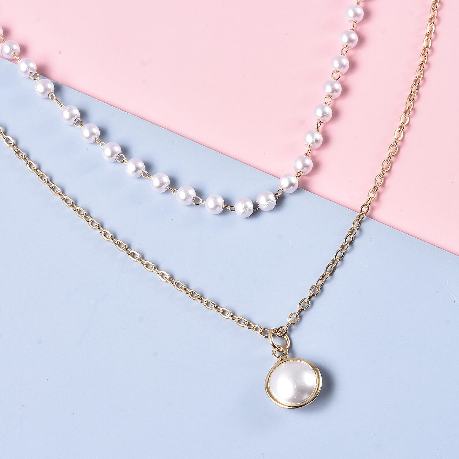 Simulated Pearl Double Layer Necklace (Size 16 with 4 inch Extender) in Gold Tone