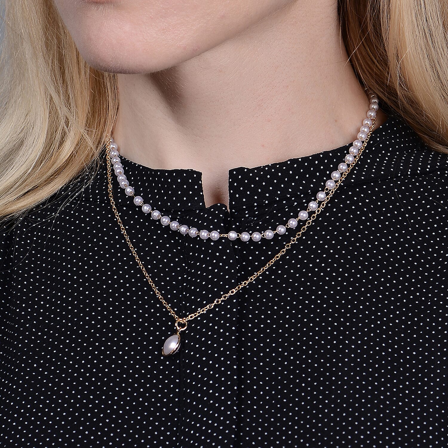 Simulated Pearl Double Layer Necklace (Size 16 with 4 inch Extender) in Gold Tone