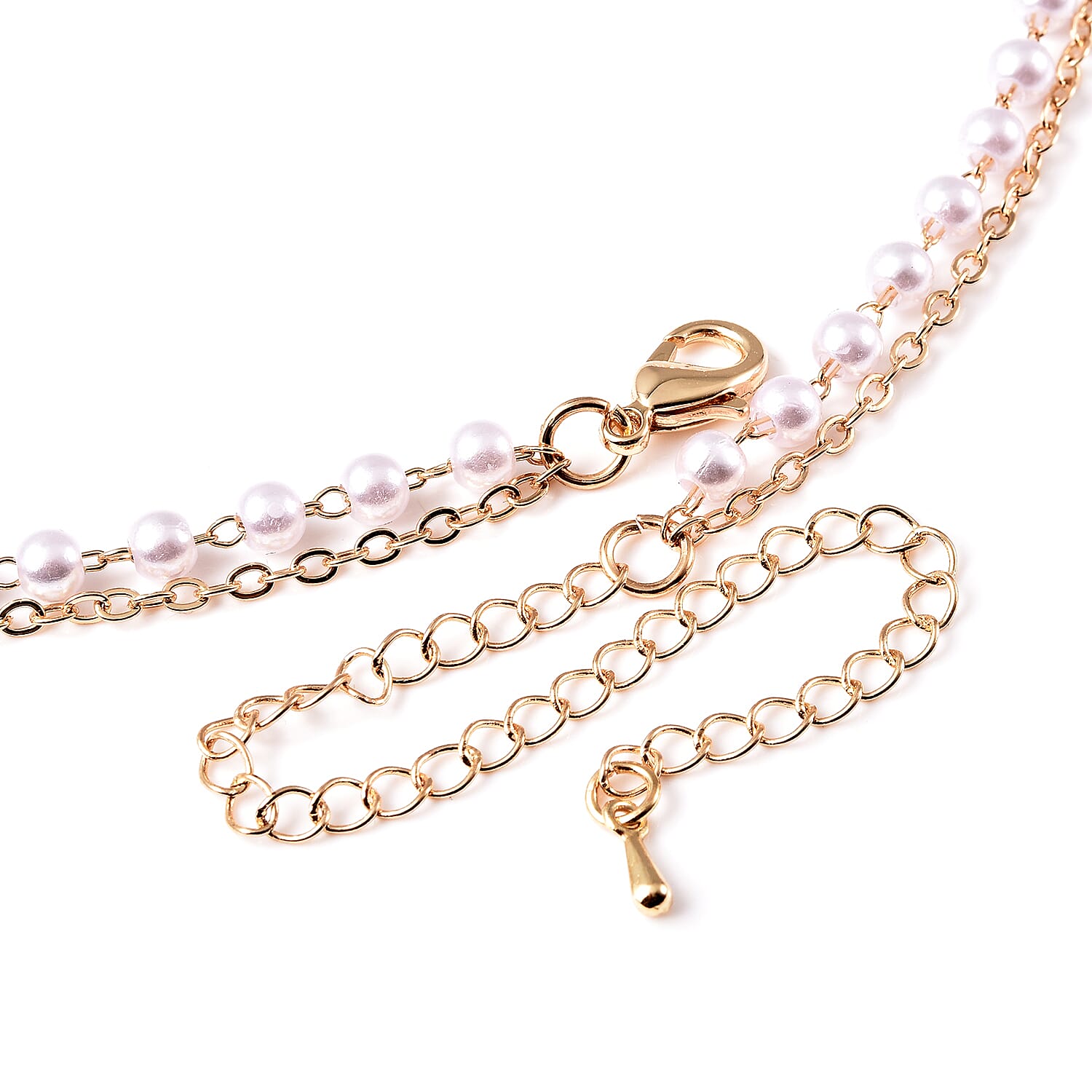 Simulated Pearl Double Layer Necklace (Size 16 with 4 inch Extender) in Gold Tone
