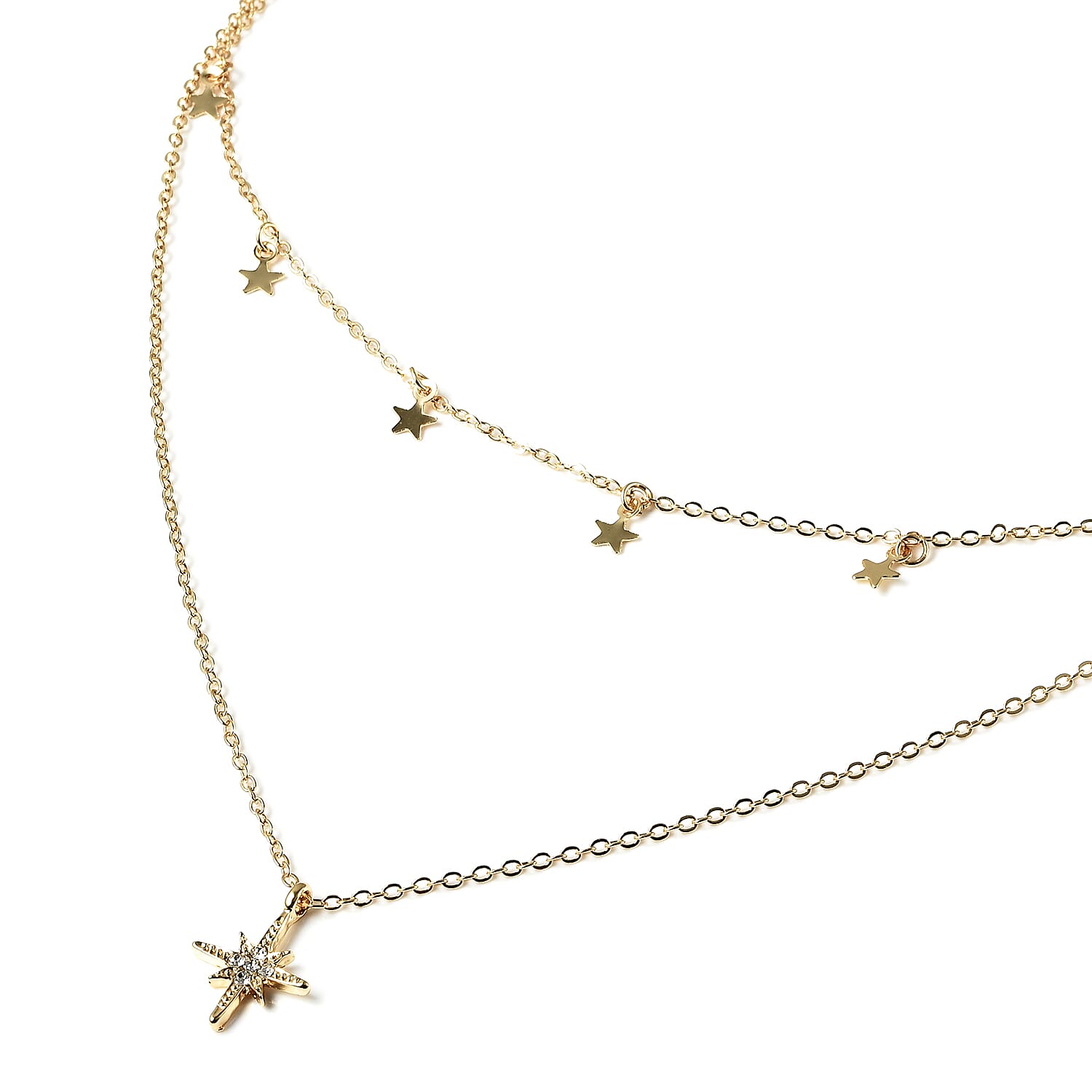 Austrian White Crystal Double Layer Star and Starburst Necklace (Size 16 with 4 inch Extender) in Gold Tone