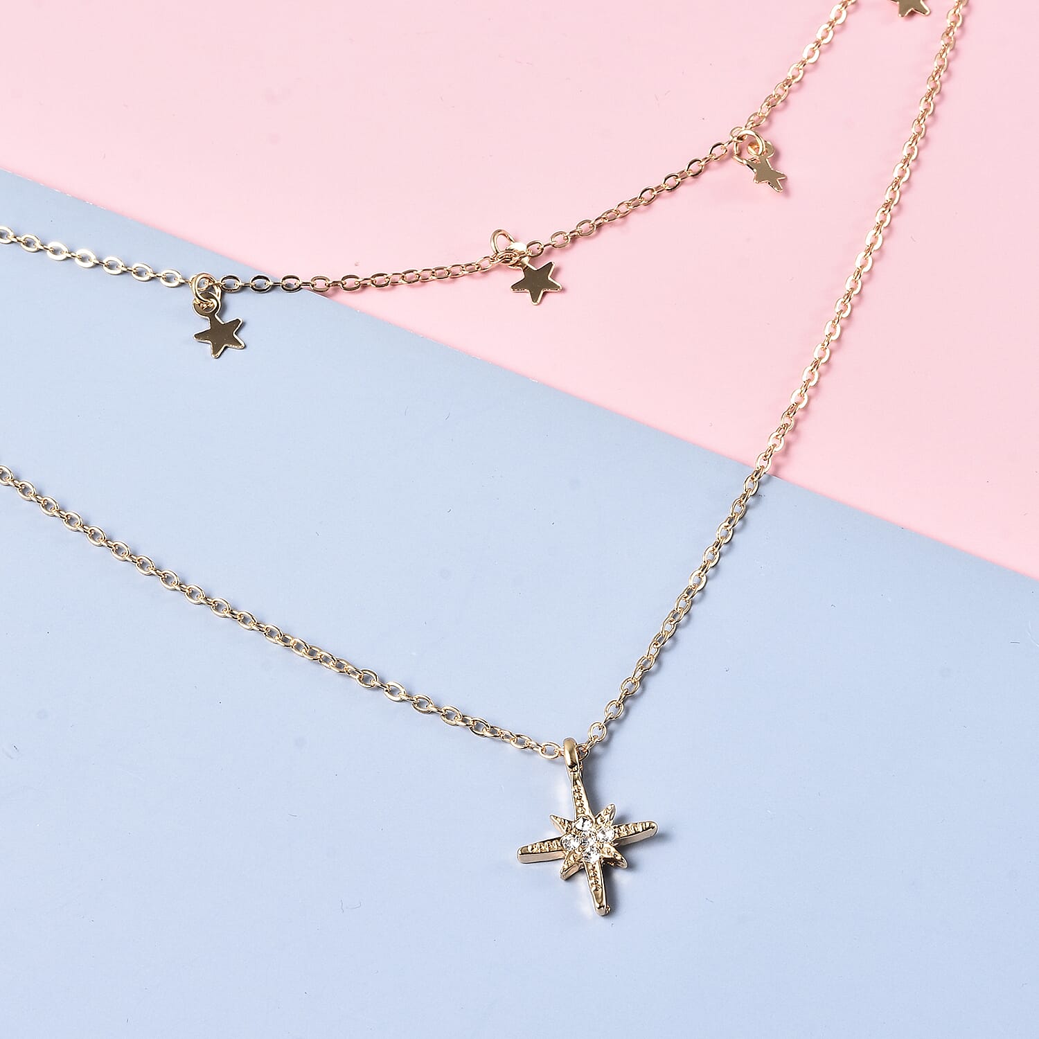 Austrian White Crystal Double Layer Star and Starburst Necklace (Size 16 with 4 inch Extender) in Gold Tone