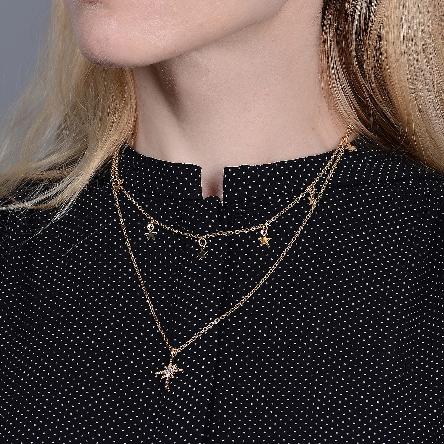 Austrian White Crystal Double Layer Star and Starburst Necklace (Size 16 with 4 inch Extender) in Gold Tone