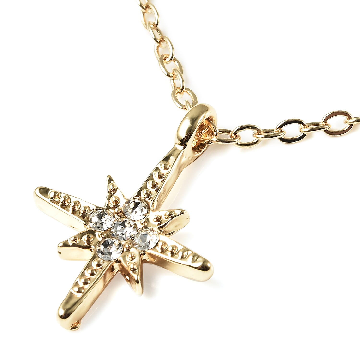 Austrian White Crystal Double Layer Star and Starburst Necklace (Size 16 with 4 inch Extender) in Gold Tone
