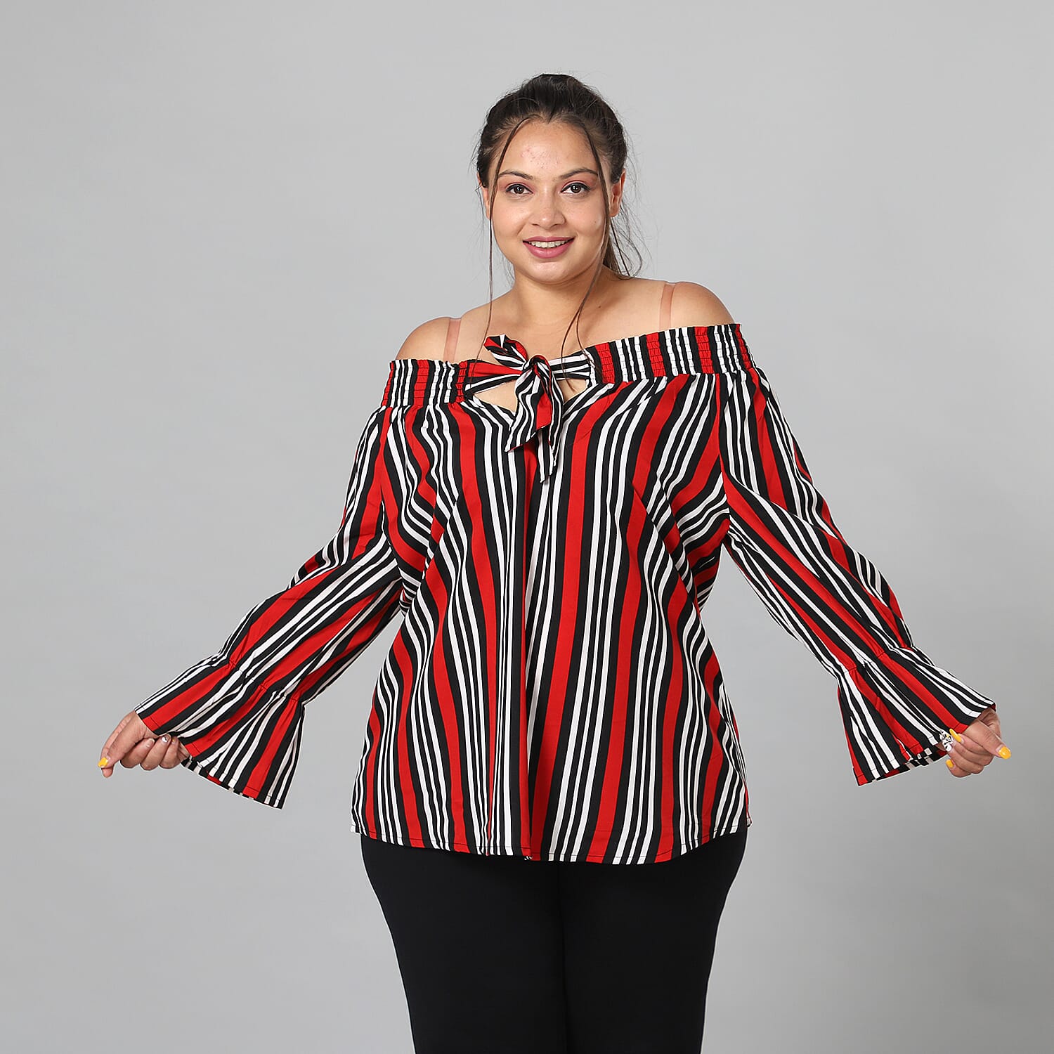 JOVIE Smocked off Shoulder Top with Tiered Bishop Sleeves in Black and Red 