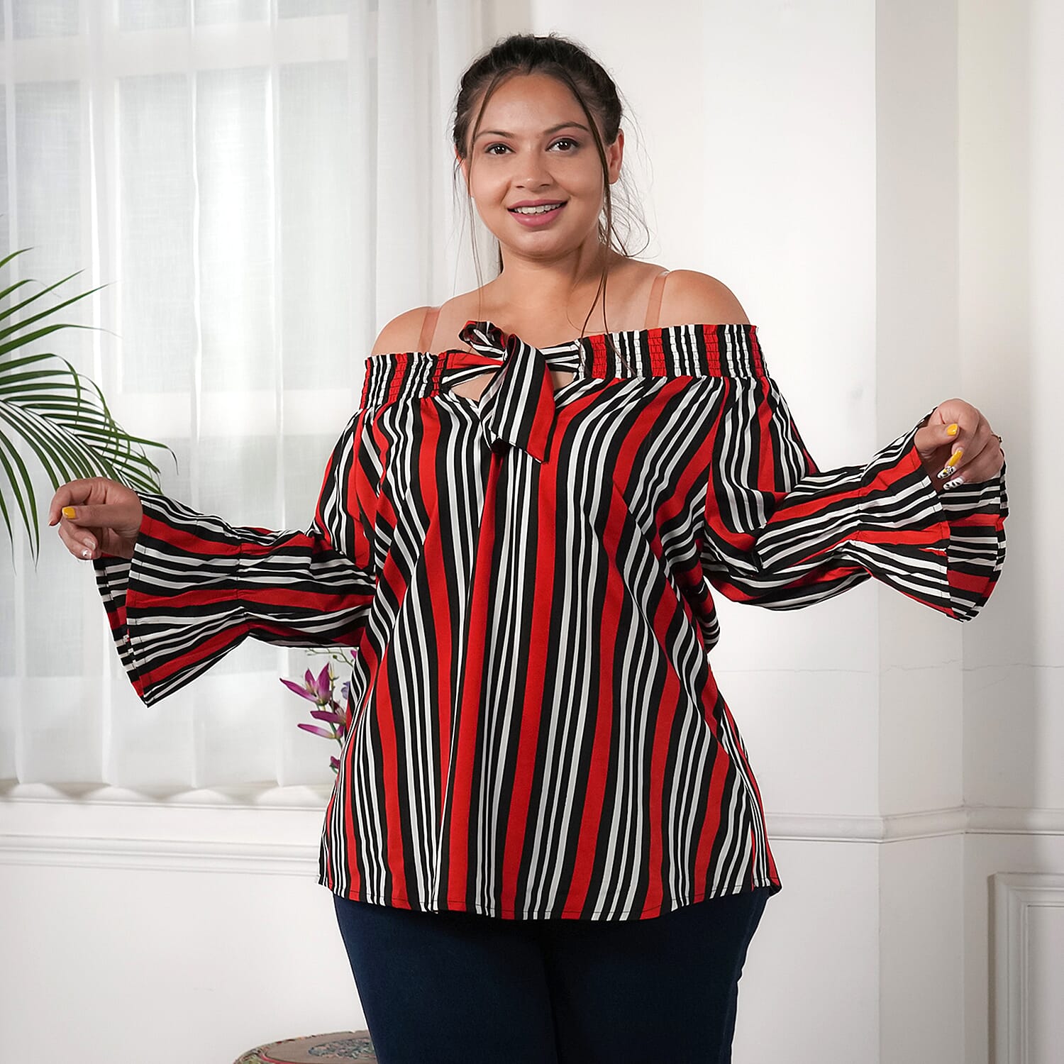 JOVIE Smocked off Shoulder Top with Tiered Bishop Sleeves in Black and Red 