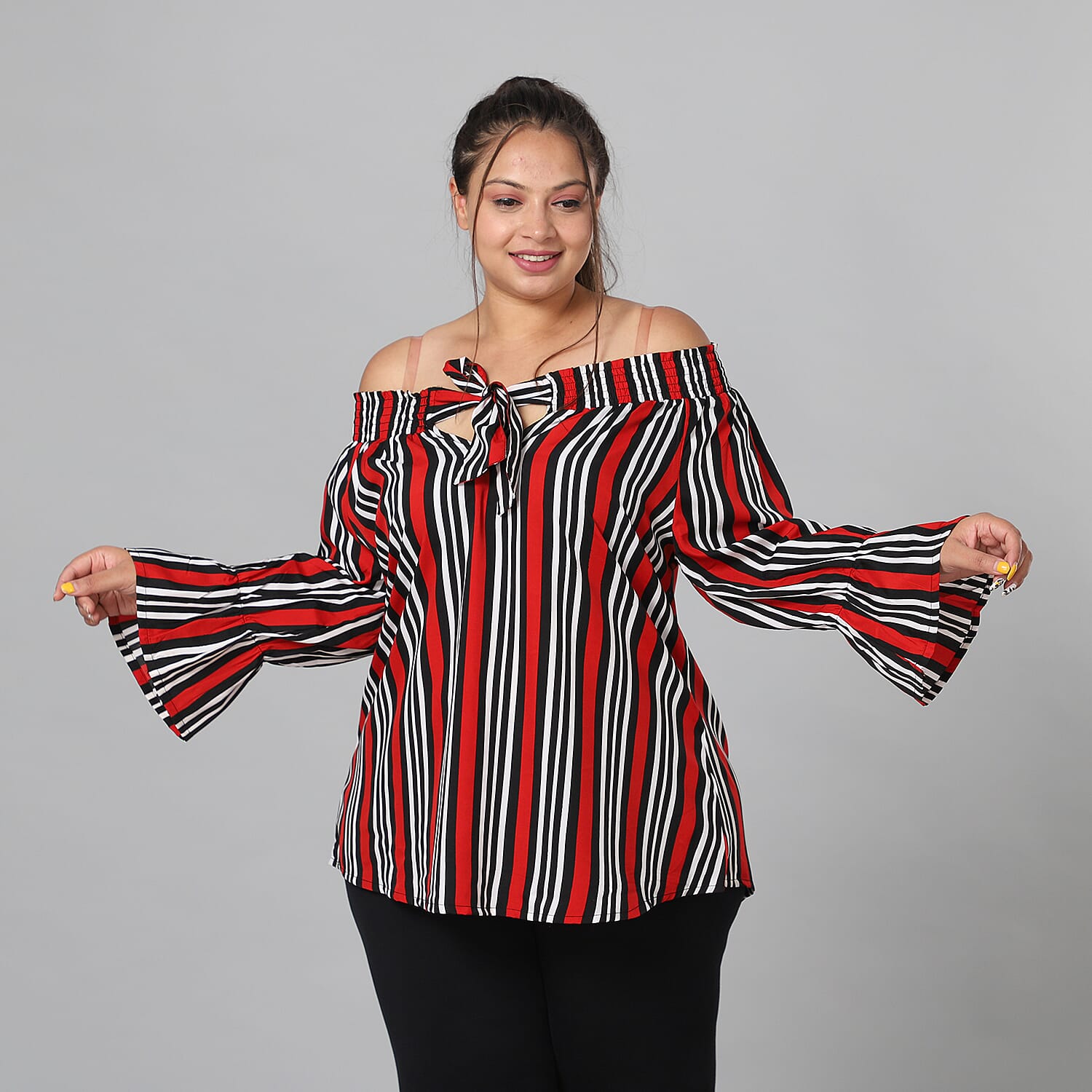 JOVIE Smocked off Shoulder Top with Tiered Bishop Sleeves in Black and Red 