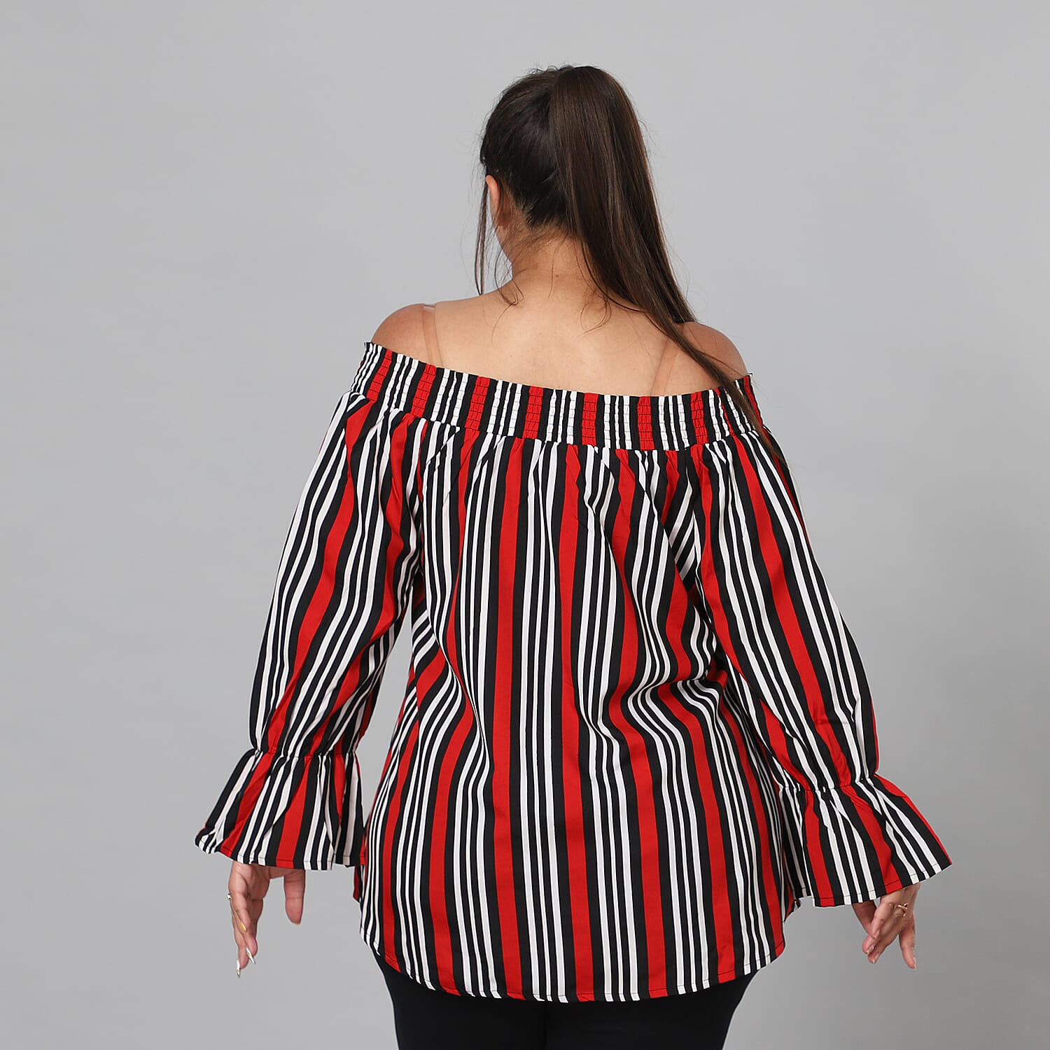 JOVIE Smocked off Shoulder Top with Tiered Bishop Sleeves in Black and Red 