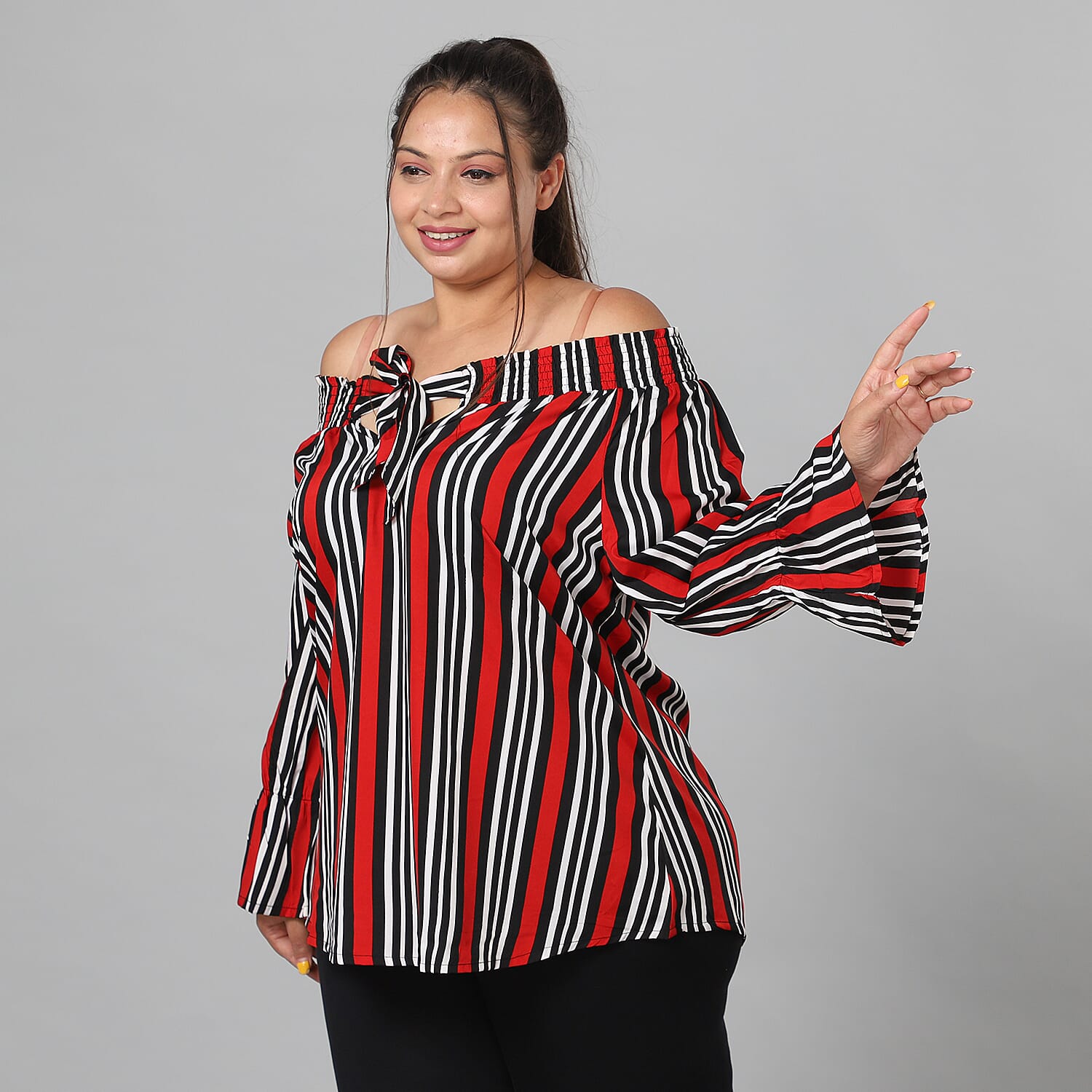 JOVIE Smocked off Shoulder Top with Tiered Bishop Sleeves in Black and Red 