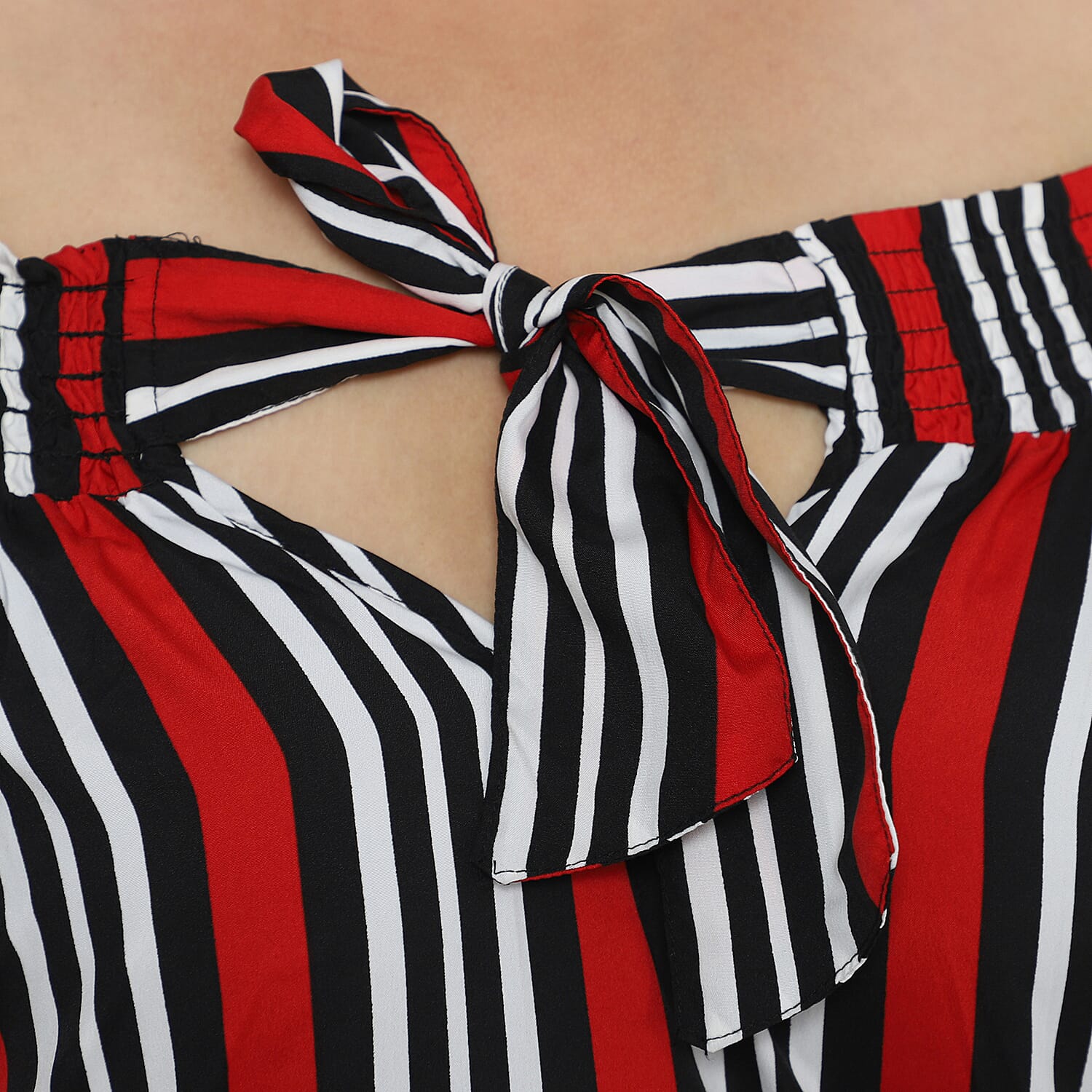 JOVIE Smocked off Shoulder Top with Tiered Bishop Sleeves in Black and Red 