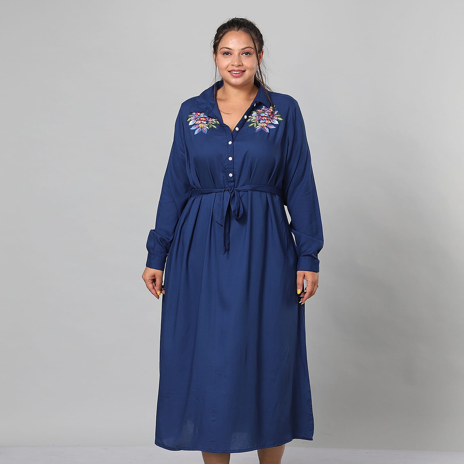 JOVIE 100% Viscose Floral Embroidered Long Dress with Belt in Blue (Length- 125cm, Bust- 116cm) (Size 18-22)