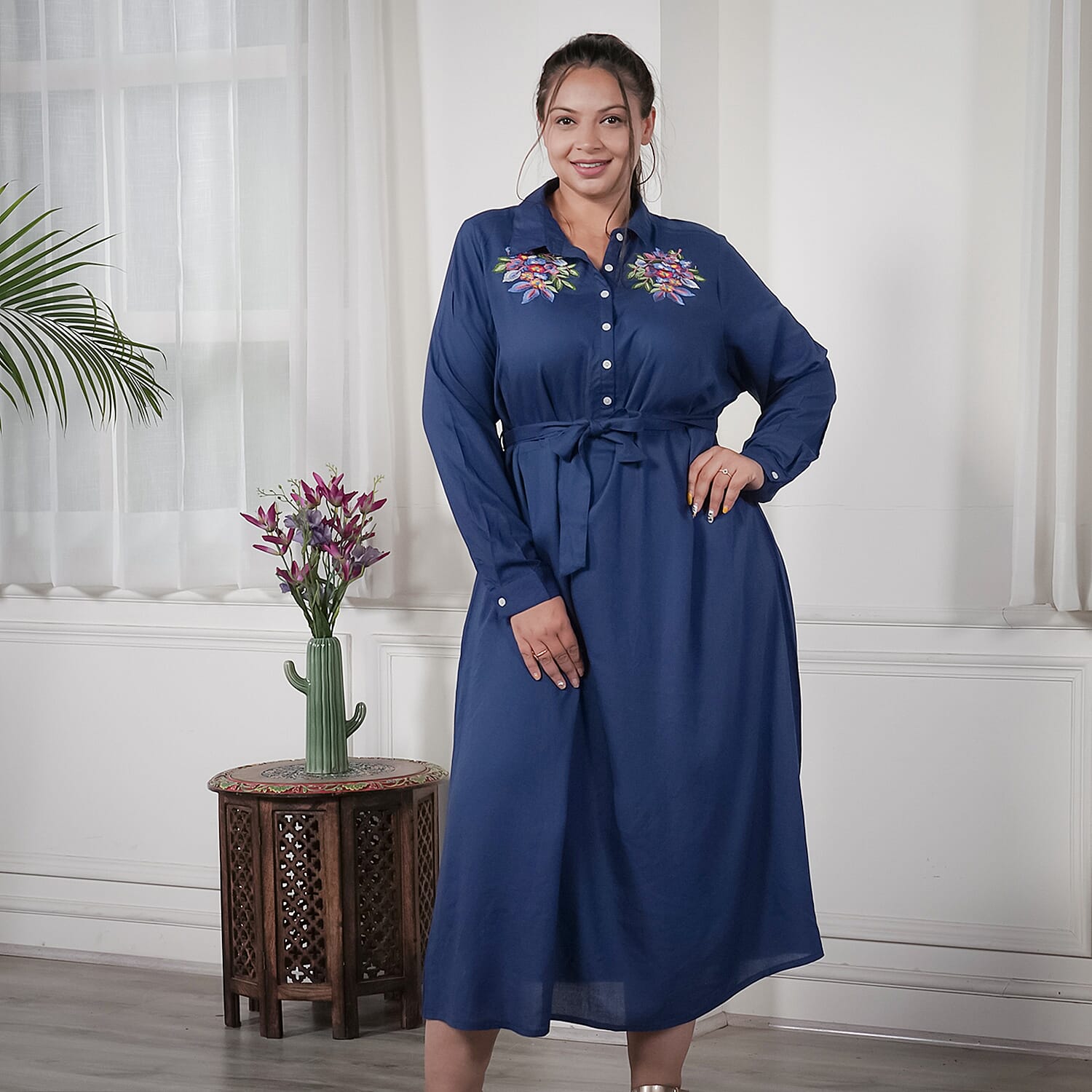 JOVIE 100% Viscose Floral Embroidered Long Dress with Belt in Blue (Length- 125cm, Bust- 116cm) (Size 18-22)