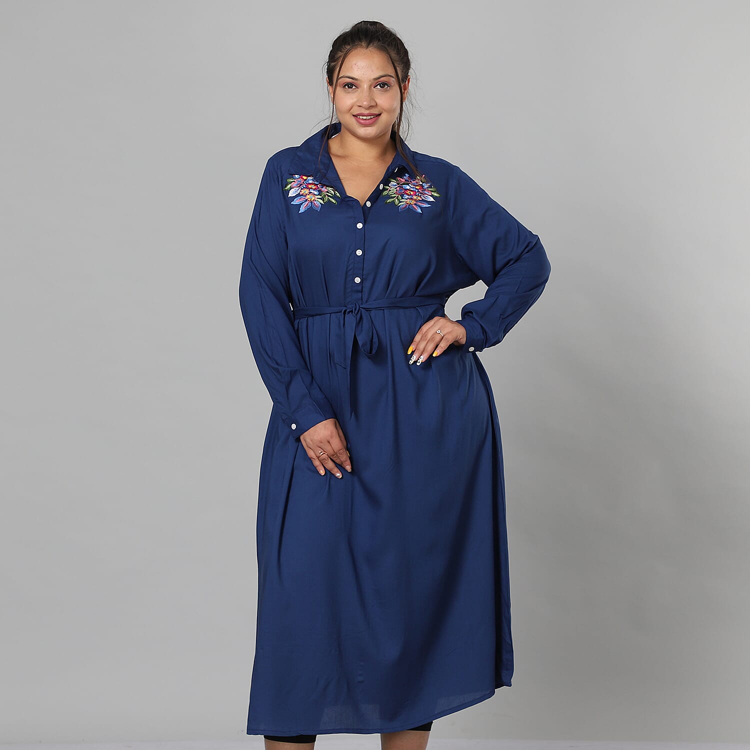 JOVIE 100% Viscose Floral Embroidered Long Dress with Belt in Blue (Length- 125cm, Bust- 116cm) (Size 18-22)