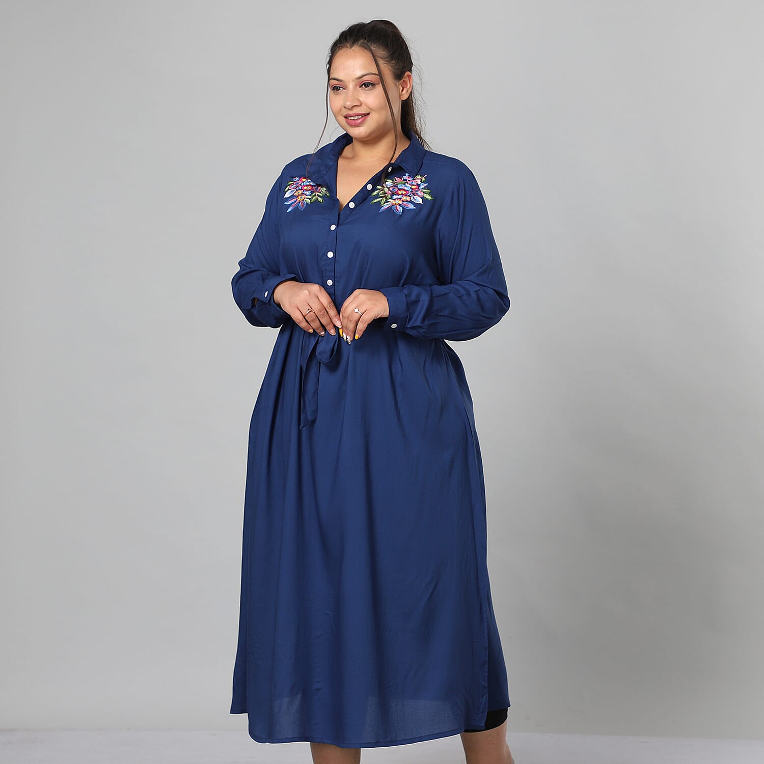 JOVIE 100% Viscose Floral Embroidered Long Dress with Belt in Blue (Length- 125cm, Bust- 116cm) (Size 18-22)