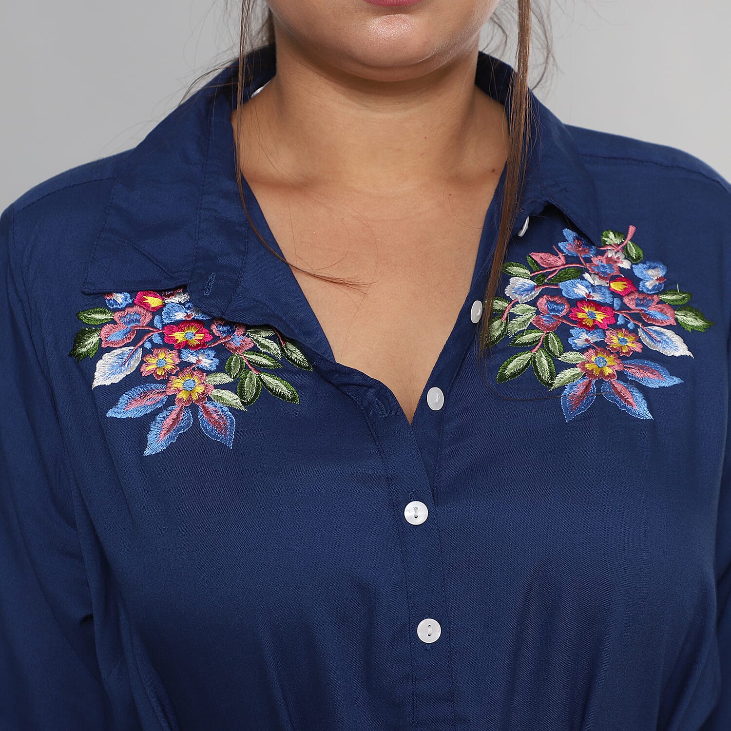 JOVIE 100% Viscose Floral Embroidered Long Dress with Belt in Blue (Length- 125cm, Bust- 116cm) (Size 18-22)