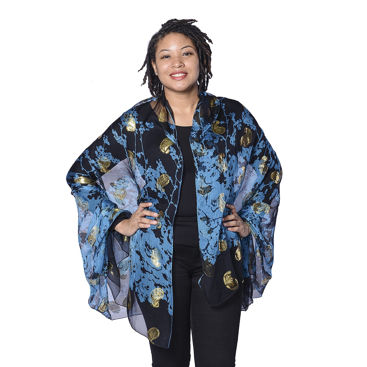 LA MAREY 100% Mulberry Silk Blue Scarf with Golden Embroidery