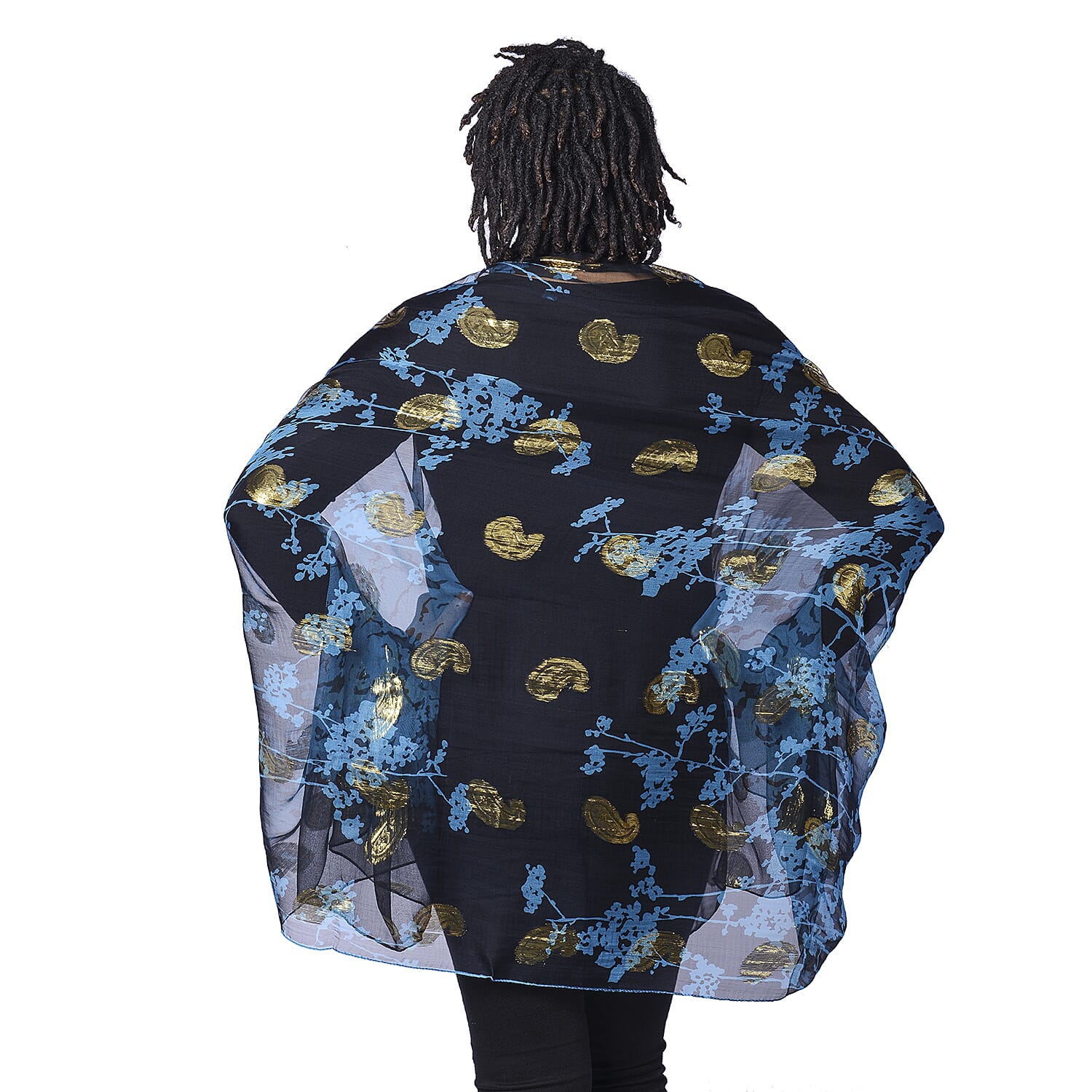 LA MAREY 100% Mulberry Silk Blue Scarf with Golden Embroidery