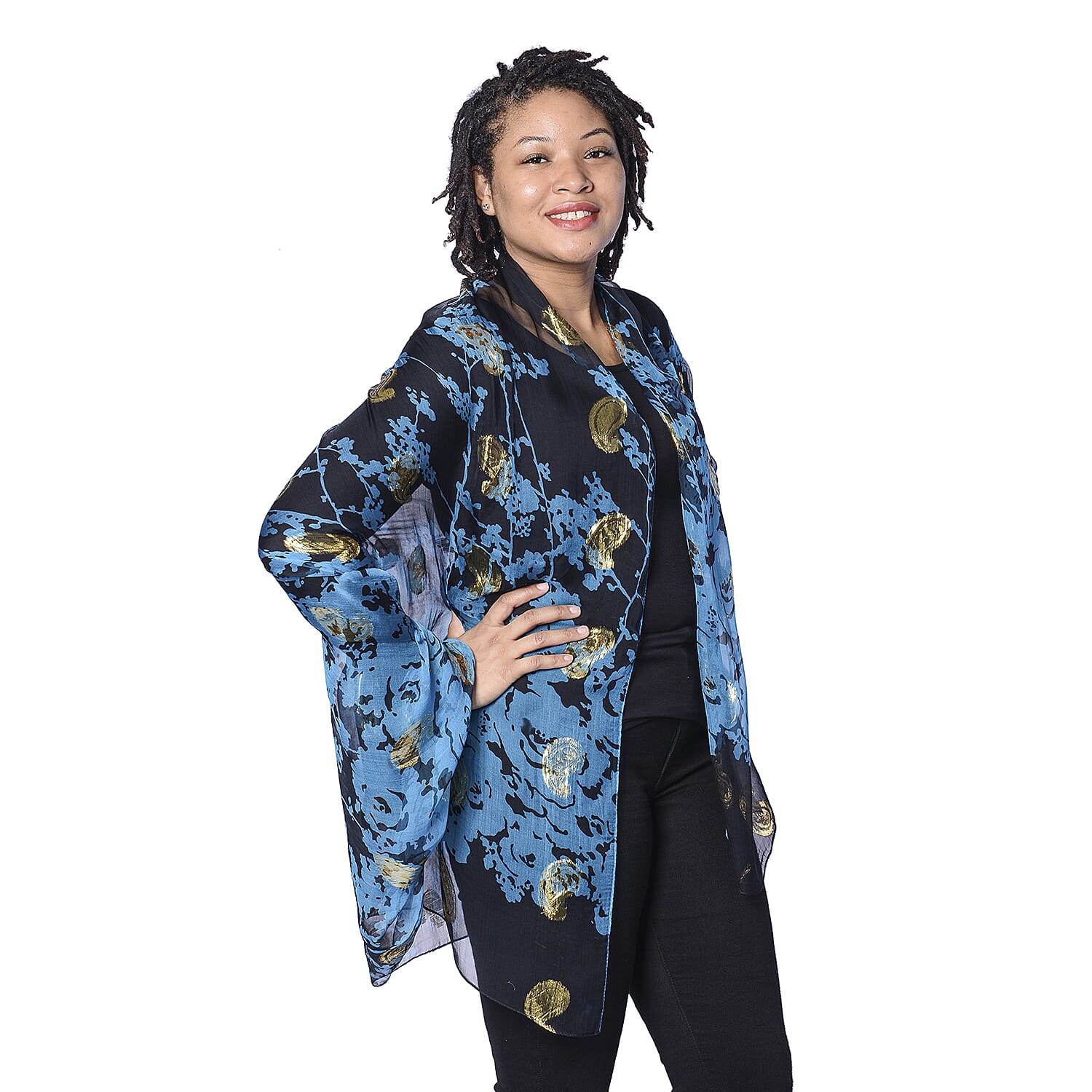 LA MAREY 100% Mulberry Silk Blue Scarf with Golden Embroidery