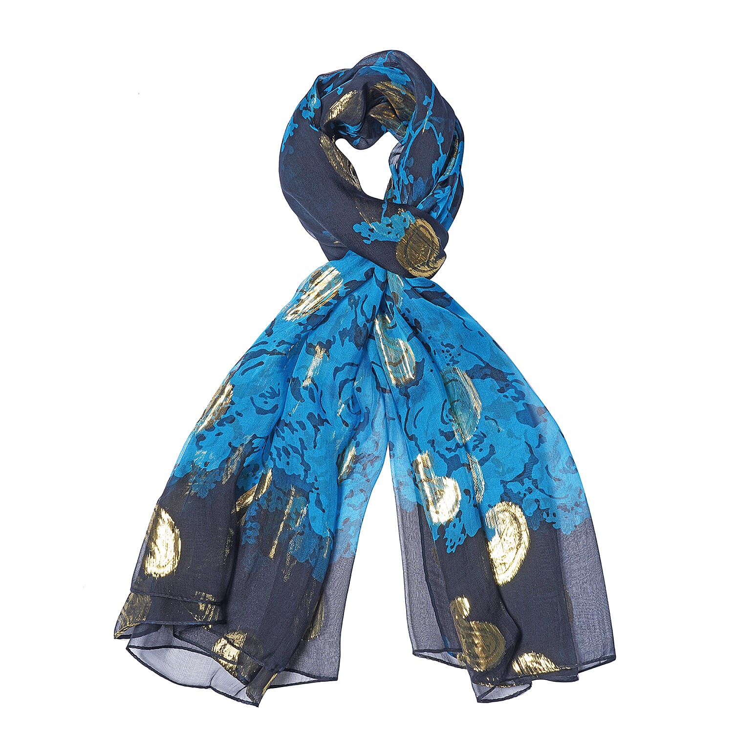 LA MAREY 100% Mulberry Silk Blue Scarf with Golden Embroidery