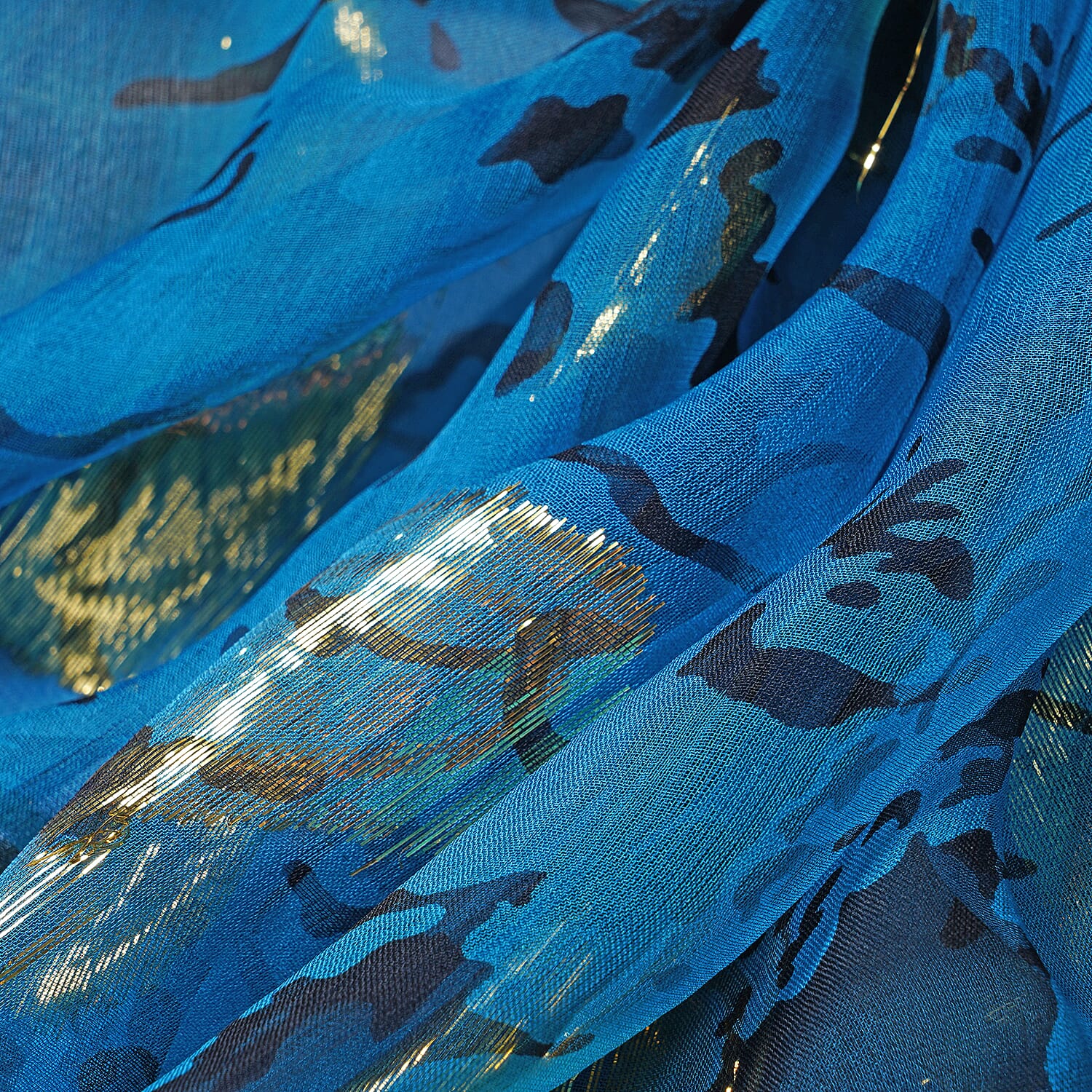 LA MAREY 100% Mulberry Silk Blue Scarf with Golden Embroidery