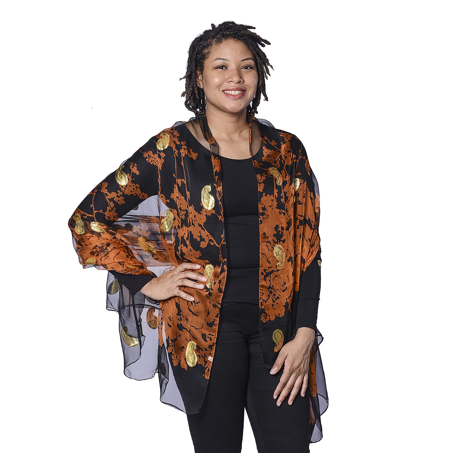 Close Out Deal- LA MAREY 100% Mulberry Silk Brown Scarf with Golden Embroidery (180x110cm)