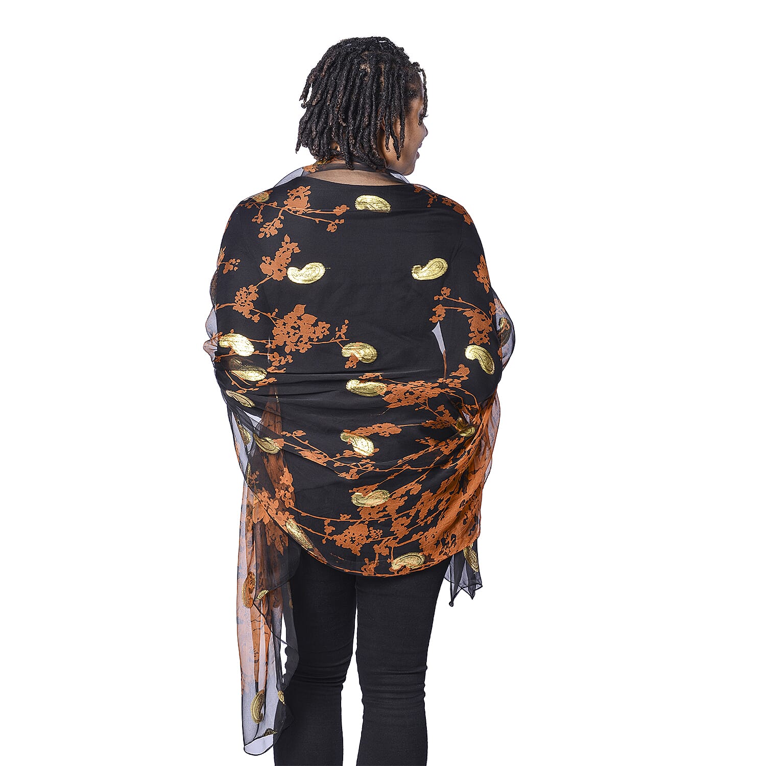 Close Out Deal- LA MAREY 100% Mulberry Silk Brown Scarf with Golden Embroidery (180x110cm)