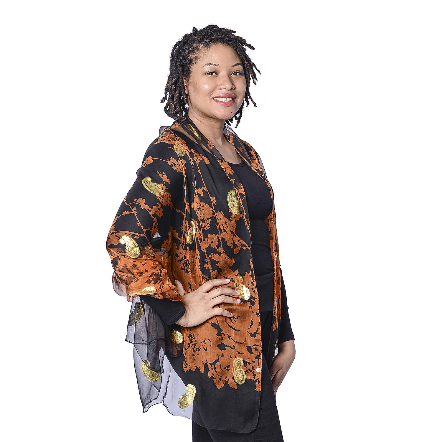 Close Out Deal- LA MAREY 100% Mulberry Silk Brown Scarf with Golden Embroidery (180x110cm)