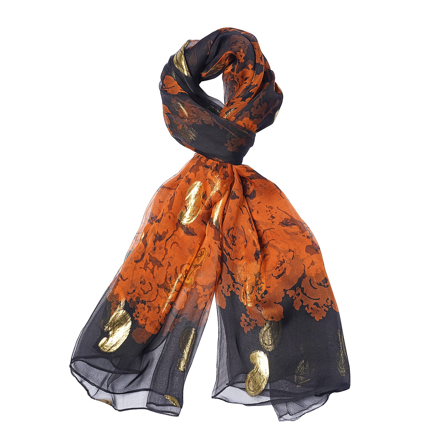 Close Out Deal- LA MAREY 100% Mulberry Silk Brown Scarf with Golden Embroidery (180x110cm)