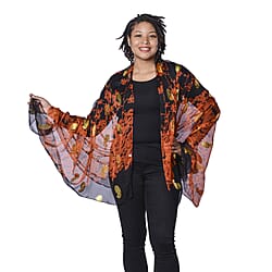 LA MAREY 100% Mulberry Silk Orange Scarf with Golden Embroidery (180x110cm)