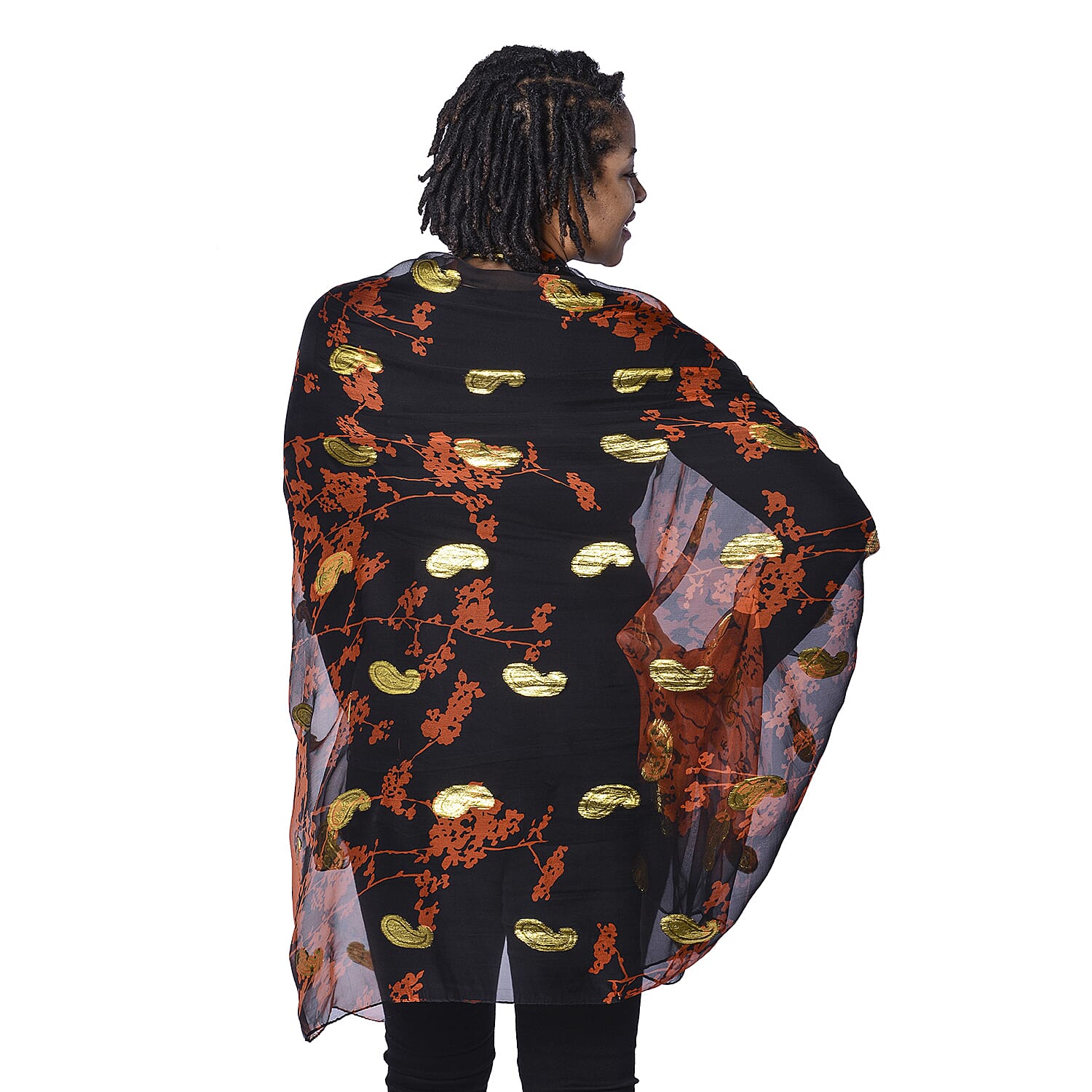 LA MAREY 100% Mulberry Silk Orange Scarf with Golden Embroidery (180x110cm)