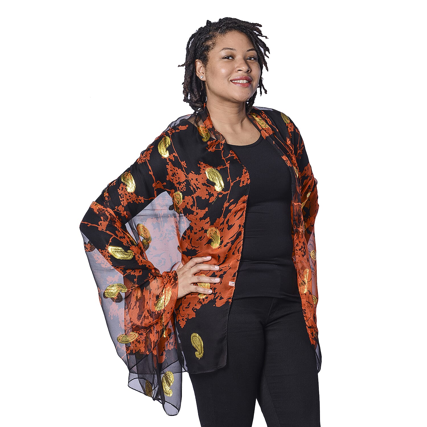 LA MAREY 100% Mulberry Silk Orange Scarf with Golden Embroidery (180x110cm)