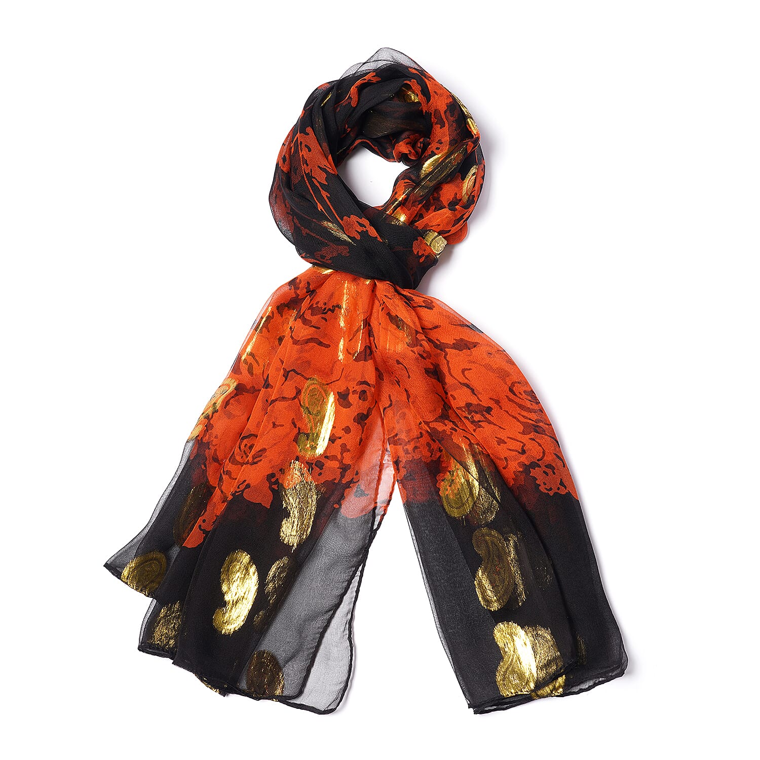 LA MAREY 100% Mulberry Silk Orange Scarf with Golden Embroidery (180x110cm)
