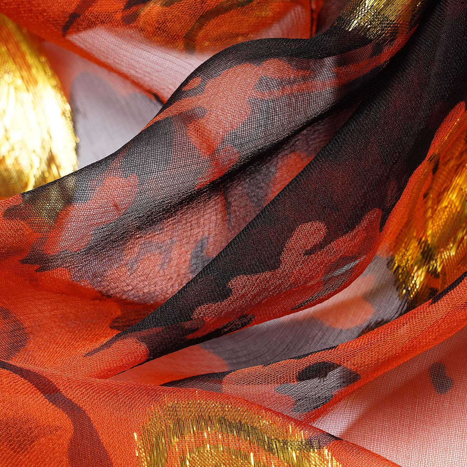 LA MAREY 100% Mulberry Silk Orange Scarf with Golden Embroidery (180x110cm)
