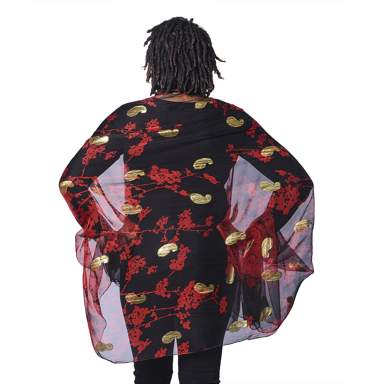 Close Out Deal- LA MAREY 100% Mulberry Silk Red Scarf with Golden Embroidery (180x110cm)