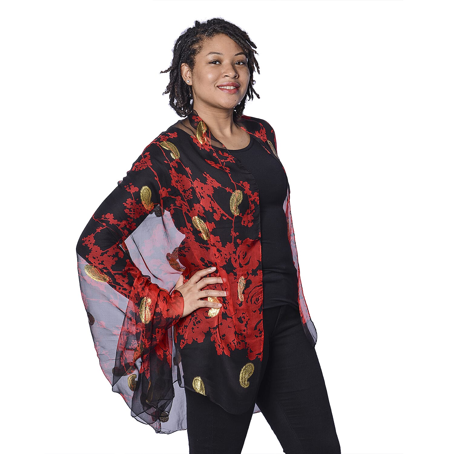 Close Out Deal- LA MAREY 100% Mulberry Silk Red Scarf with Golden Embroidery (180x110cm)