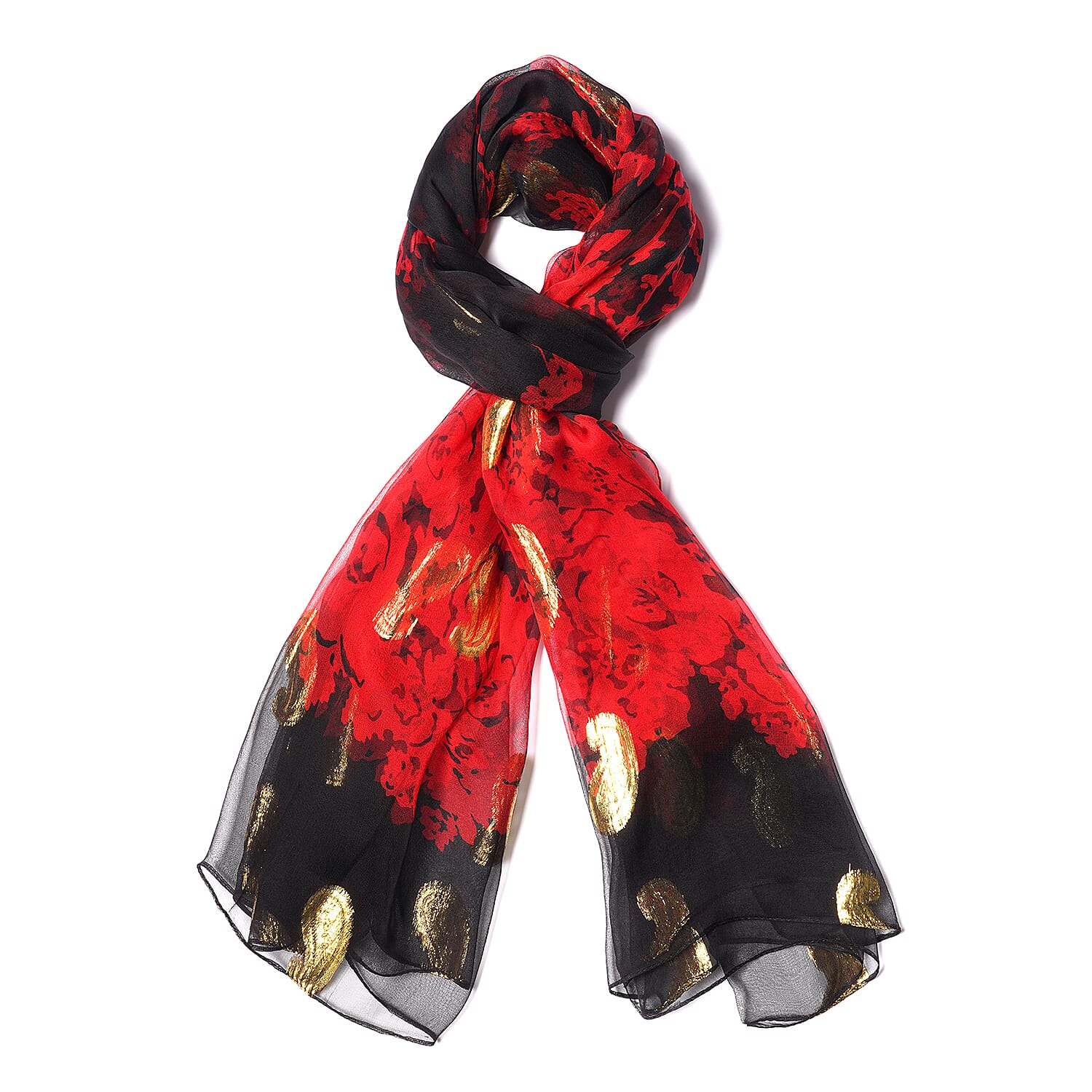 Close Out Deal- LA MAREY 100% Mulberry Silk Red Scarf with Golden Embroidery (180x110cm)