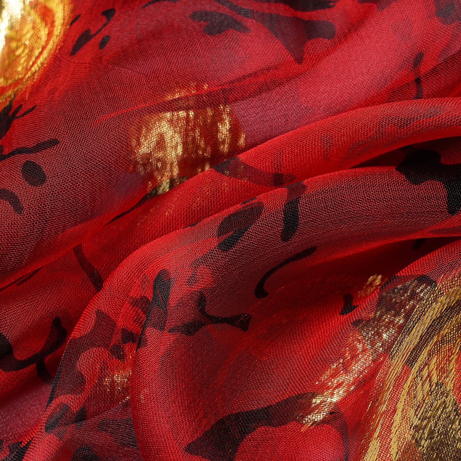 Close Out Deal- LA MAREY 100% Mulberry Silk Red Scarf with Golden Embroidery (180x110cm)