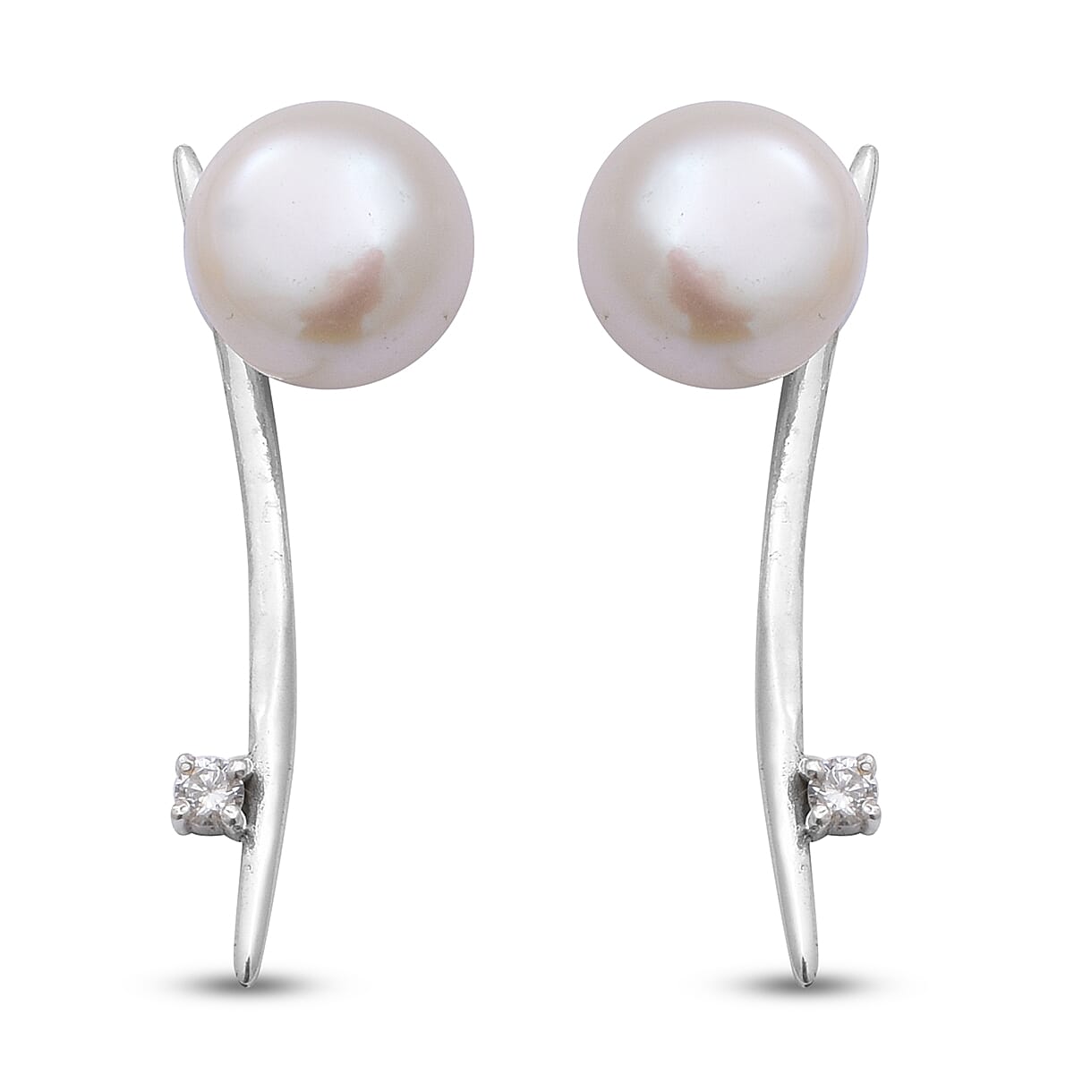 White Freshwater Pearl and Simulated Diamond Earrings (with Push Back) in Sterling Silver