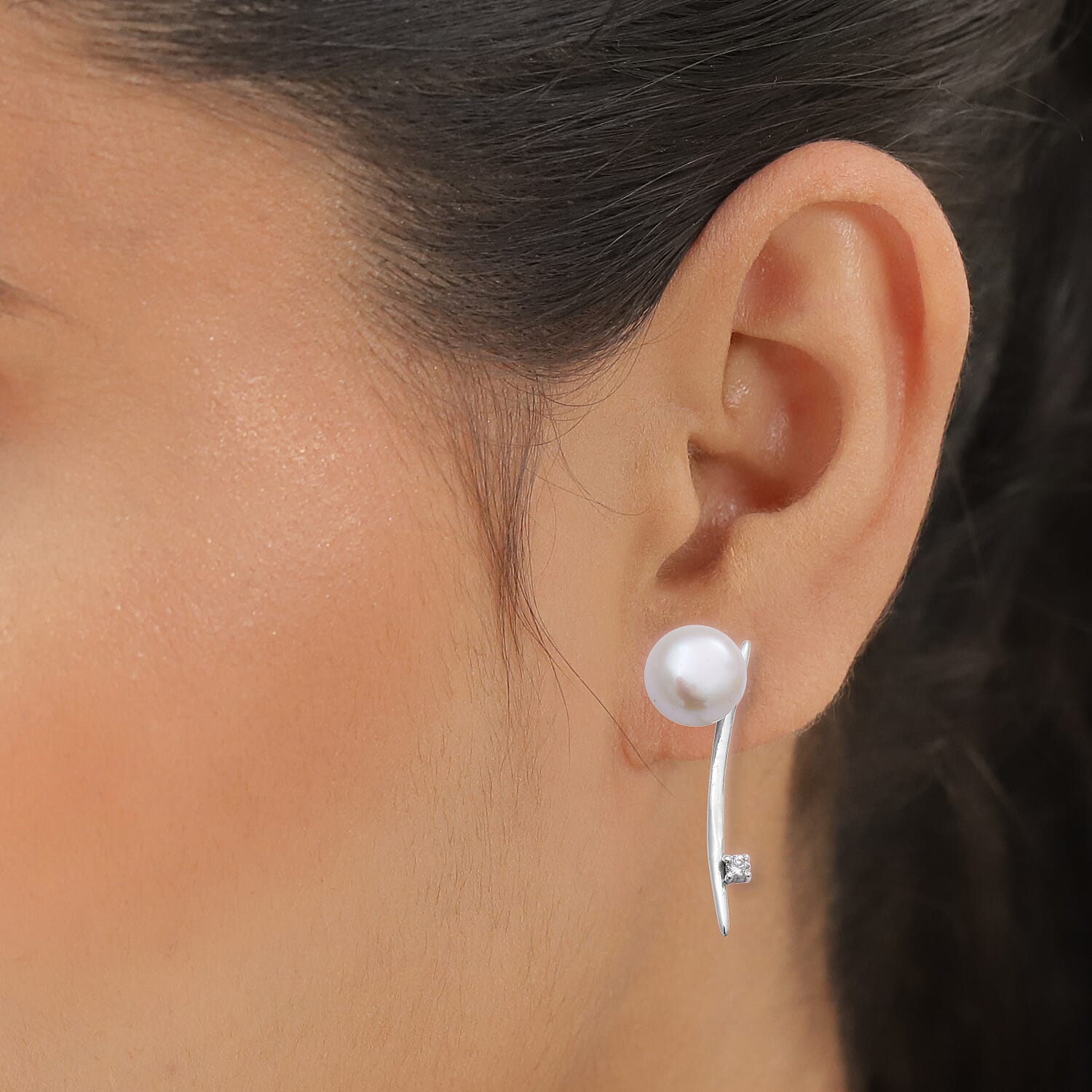 White Freshwater Pearl and Simulated Diamond Earrings (with Push Back) in Sterling Silver
