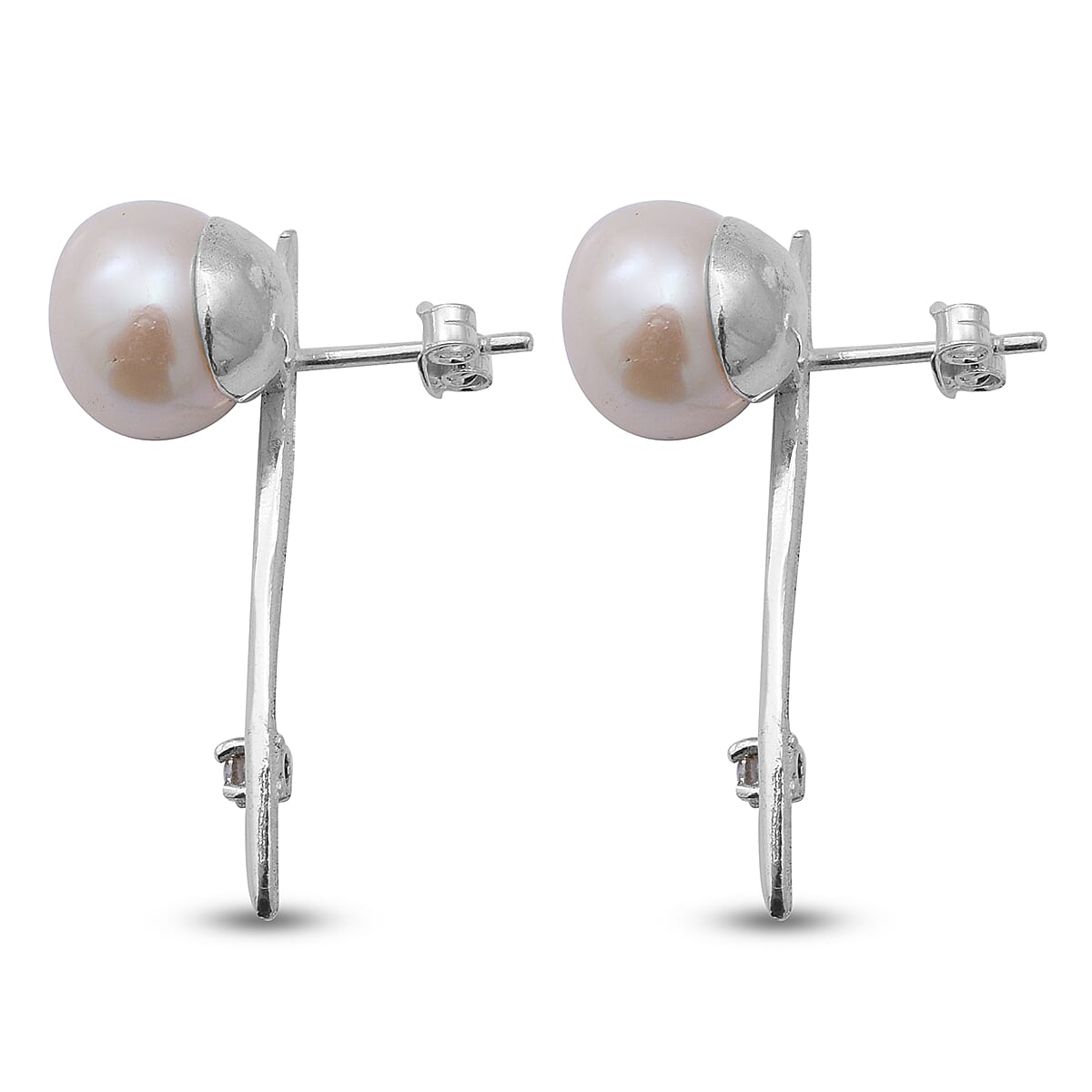White Freshwater Pearl and Simulated Diamond Earrings (with Push Back) in Sterling Silver
