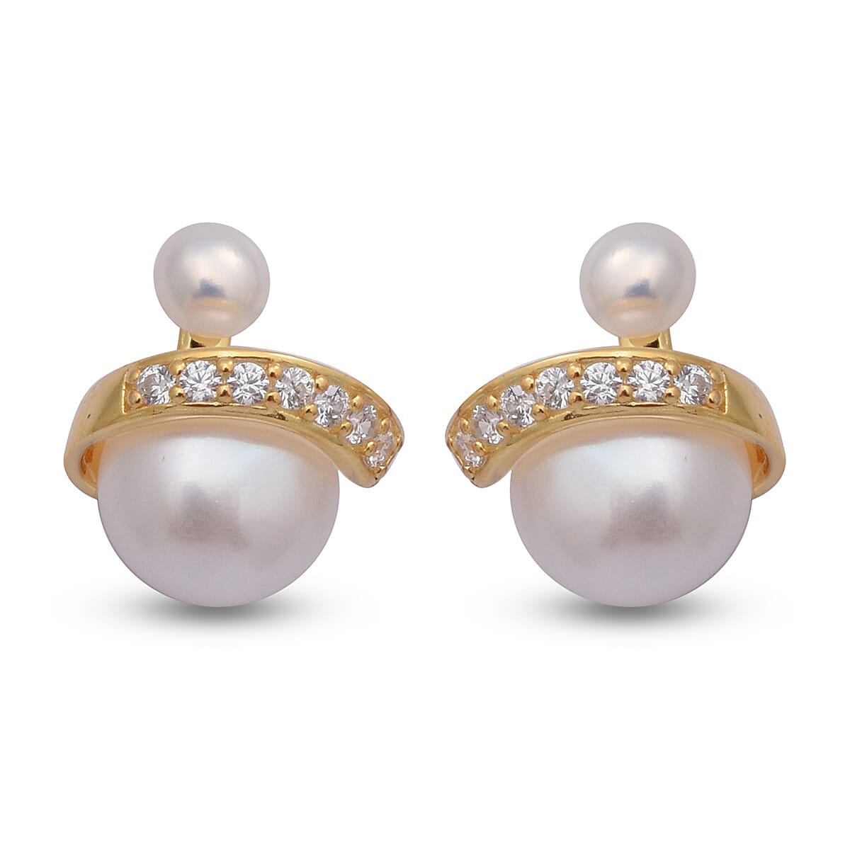 Freshwater White Pearl and Simulated Diamond Earrings (with Push Back) in Yellow Gold Overlay Sterling Silver