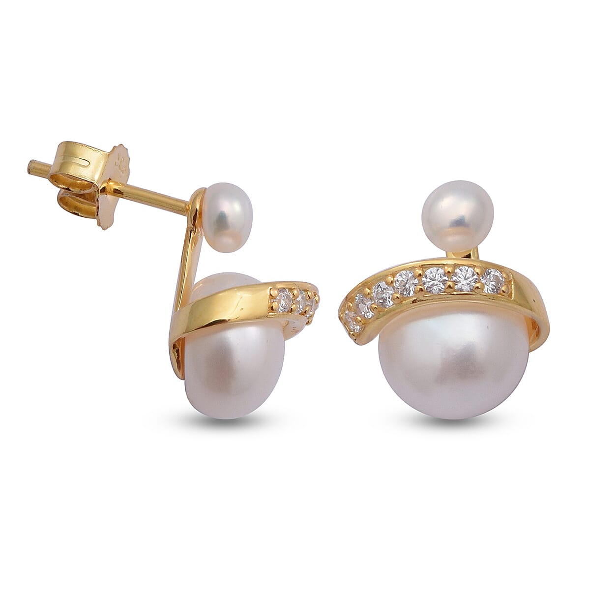 Freshwater White Pearl and Simulated Diamond Earrings (with Push Back) in Yellow Gold Overlay Sterling Silver