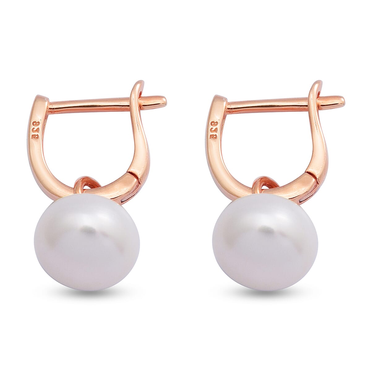 White Freshwater Pearl Drop Earrings in Rose Gold Overlay Sterling Silver
