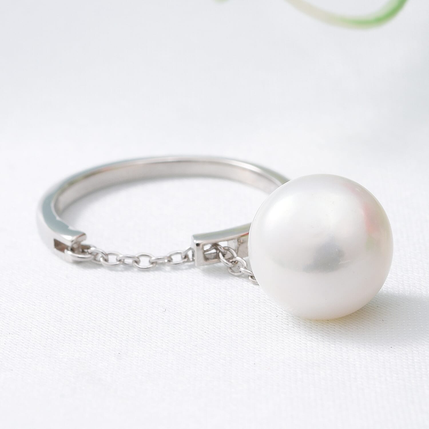 White Freshwater Pearl Chain Ring in Rhodium Overlay Sterling Silver