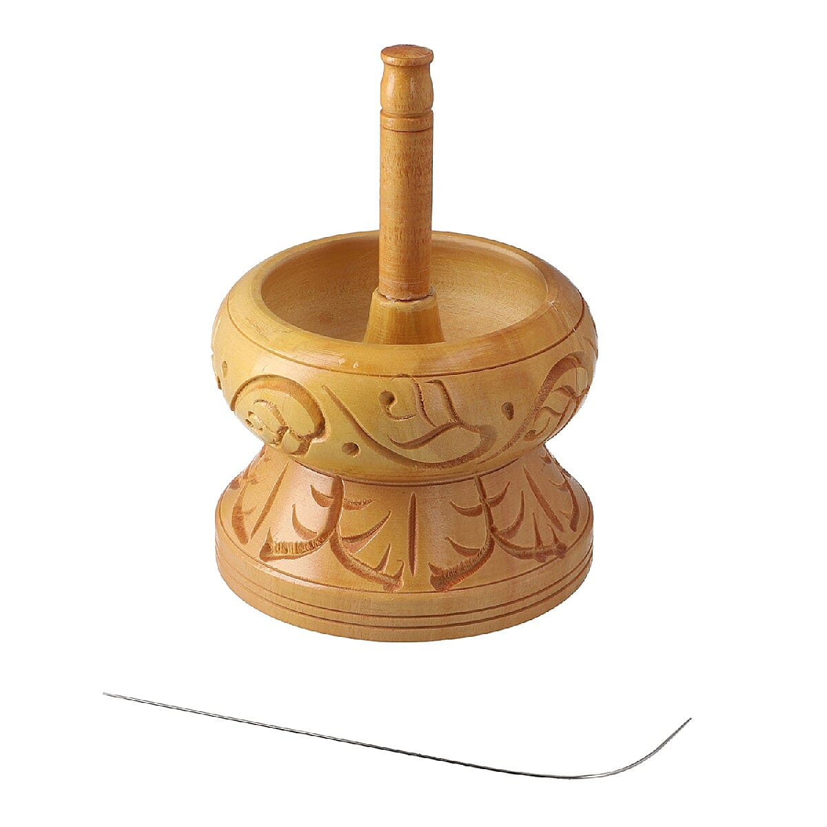 Haldoo Wood Carved Bead Spinner With Stainless Steel Needle. Spinner- 14 x 10.2 cm. Needle- 14 x 2.54 cm. WEIGHT- Approx. 0.55 lbs.