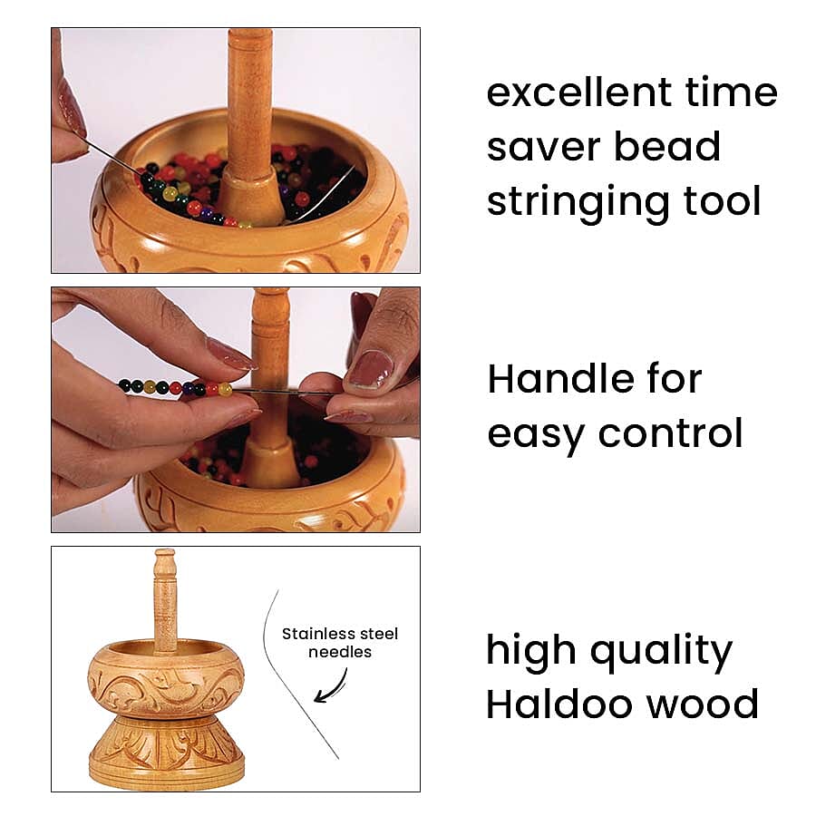 Haldoo Wood Carved Bead Spinner With Stainless Steel Needle. Spinner- 14 x 10.2 cm. Needle- 14 x 2.54 cm. WEIGHT- Approx. 0.55 lbs.