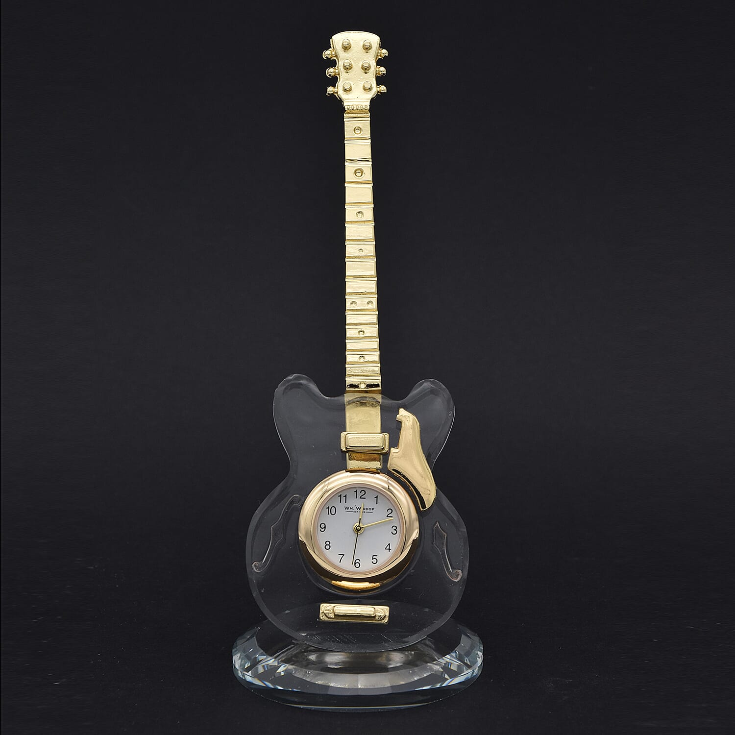 WILLIAM WIDDOP Miniature Crystal Guitar Clock in Gold Tone