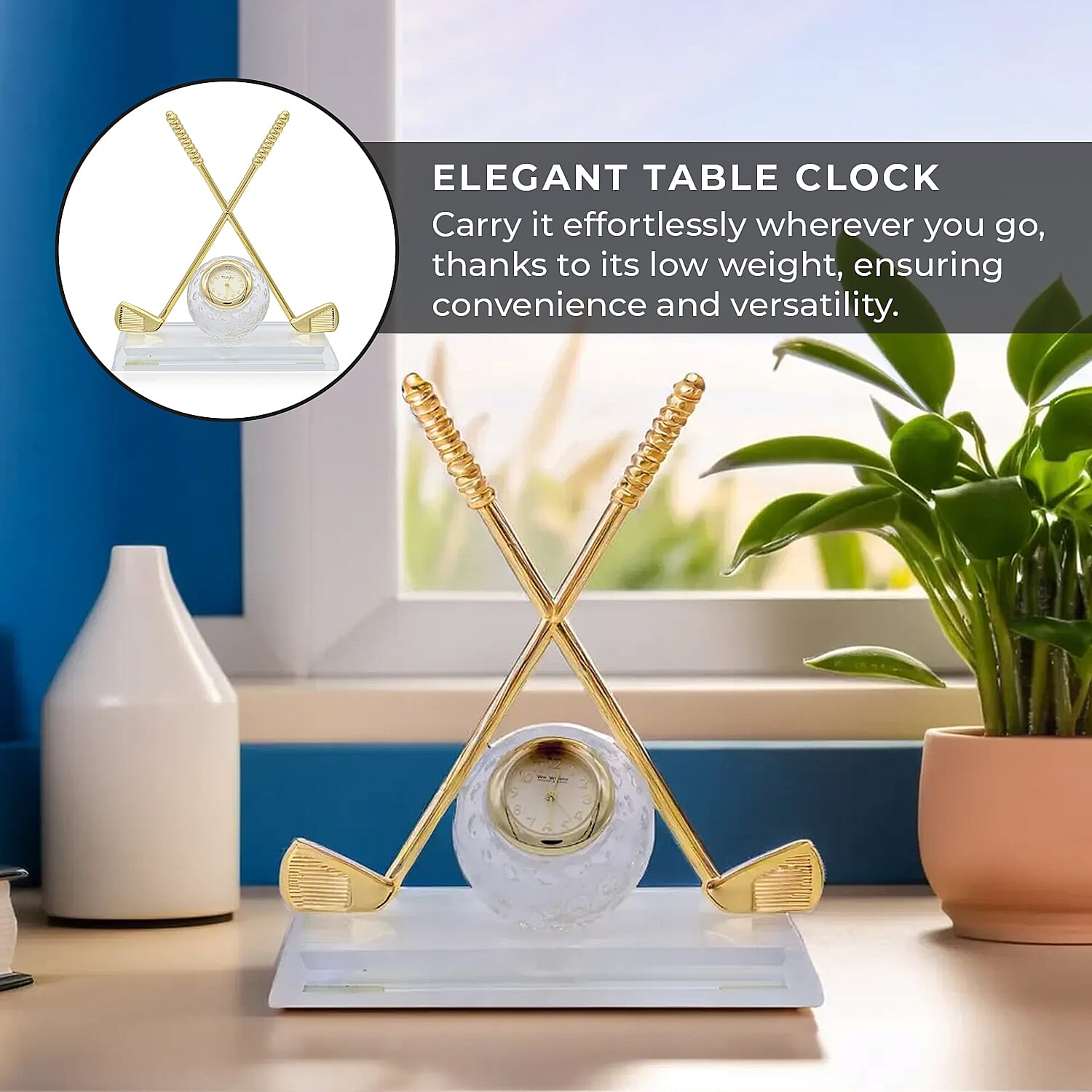 WILLIAM WIDDOP Miniature Clock - Crossed Golf Clubs with Glass Ball in Gold Tone